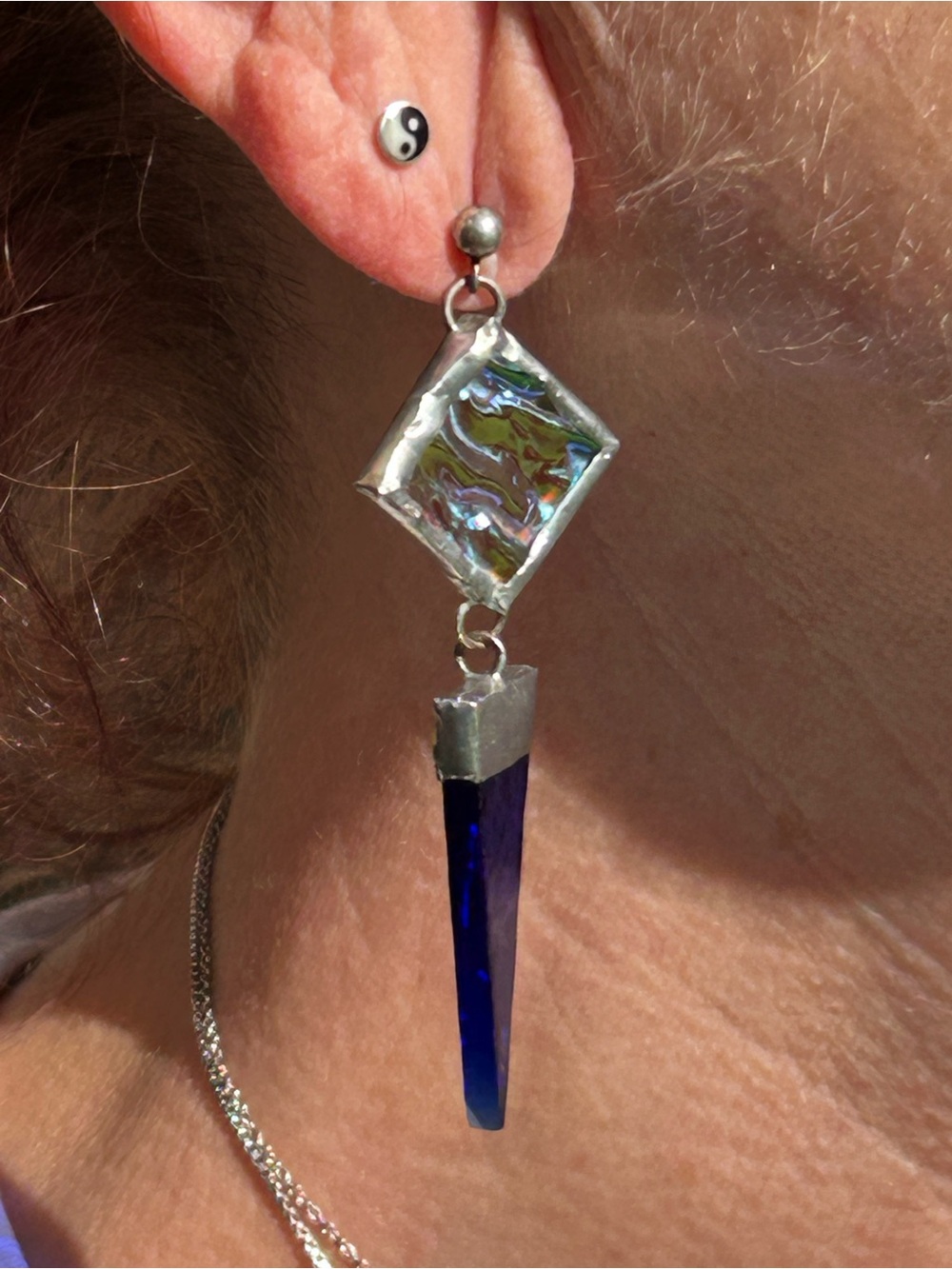 Handcrafted Sterling silver & Blue dichroic glass  Drop Earrings - Women Jewelry